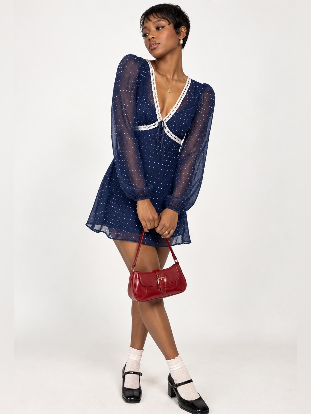All in Favor Polka Dot Lace Mini Dress Navy White XS NWT